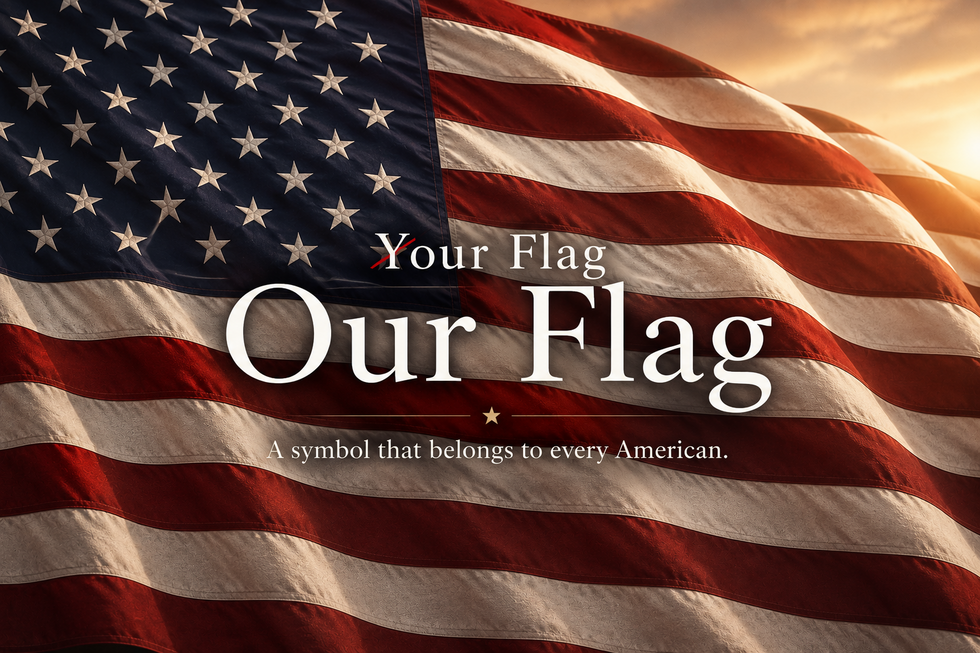 A waving American flag at golden hour with the words "Your Flag" struck through and replaced by "Our Flag: A symbol that belongs to every American"