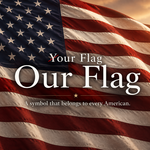 A waving American flag at golden hour with the words 