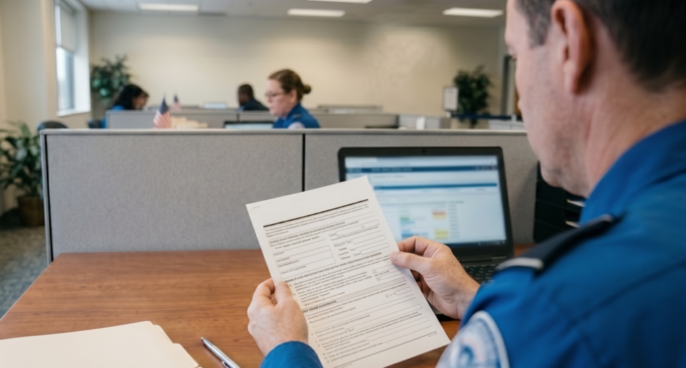 A government officer reviewing immigration paperwork, highlighting public charge requirements and increased review of financial documents in green card applications.