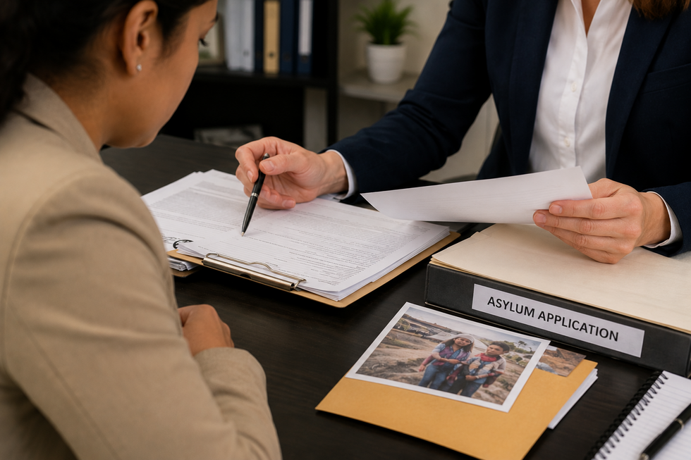 A close-up of an asylum applicant meeting with an immigration attorney to review legal documents and supporting evidence during an asylum case consultation.