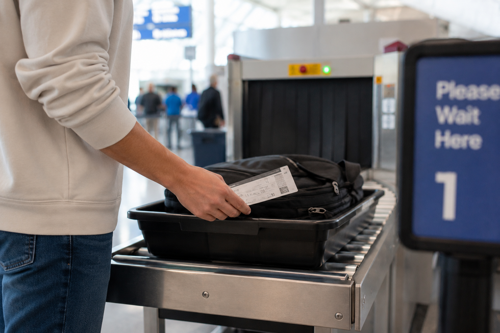 A close-up of a traveler placing a carry-on bag into an airport security screening bin while holding a boarding pass at a TSA checkpoint.