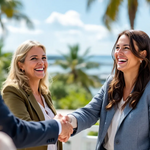 In the image, attorney Diane Zimmerman is shaking hands with a delighted client and her family in Sarasota, Florida, against a picturesque backdrop. The scene captures the client's satisfaction, likely after successfully navigating the insurance claims process for hurricane damage, emphasizing the importance of having a knowledgeable insurance claims attorney by their side.