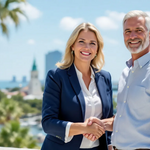In the image, attorney Diane Zimmerman is shaking hands with a satisfied client against a scenic backdrop of Saint Petersburg, Florida, symbolizing a successful resolution of their insurance claim. This moment captures the essence of her commitment to helping property owners navigate the claims process for fair compensation after suffering property damage, particularly from hurricane-related incidents.