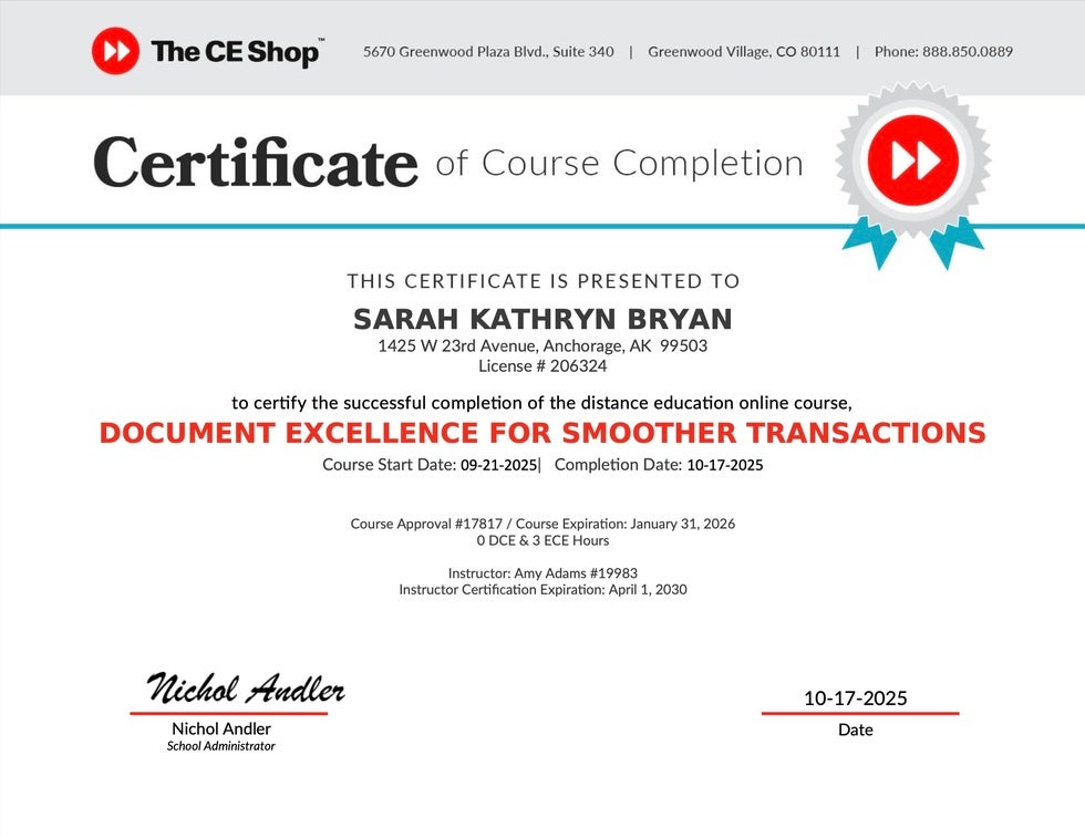 Certificate of Completion for Document Excellence for Smoother Transactions