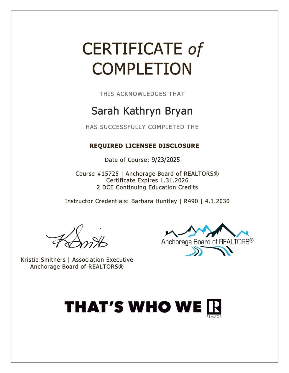 Certificate of Completion for Required Licensee Disclosure Course