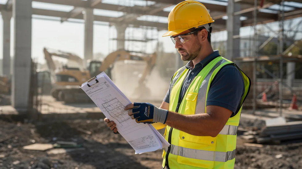 A construction worker is seen at a job site, intently reviewing paperwork related to a workers compensation claim. This scene highlights the importance of understanding workers compensation benefits and the legal options available for injured workers in Louisiana.
