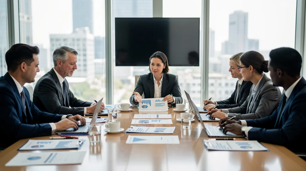 The image depicts a professional meeting in an office setting, where a group of individuals is gathered around a table filled with documents related to workers compensation claims and benefits. The atmosphere suggests a discussion about workplace injuries and the legal options available for injured workers in Louisiana.