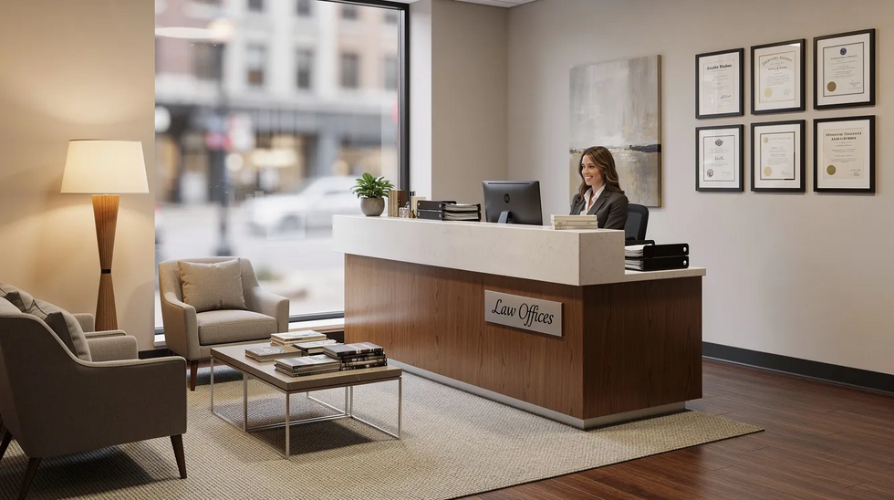 The image depicts a welcoming law office reception area, featuring comfortable seating and a friendly atmosphere, ideal for clients seeking legal representation for workers compensation claims. The space is designed to make injured workers feel at ease as they discuss their cases related to workplace injuries and workers compensation benefits.