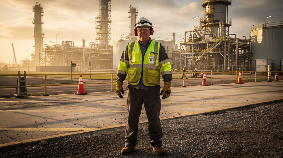 The image shows an industrial worker at a Louisiana job site, fully equipped with safety gear including a hard hat, gloves, and goggles, highlighting the importance of safety in the workplace. This scene emphasizes the need for workers compensation benefits, especially for injured workers navigating the workers comp system.
