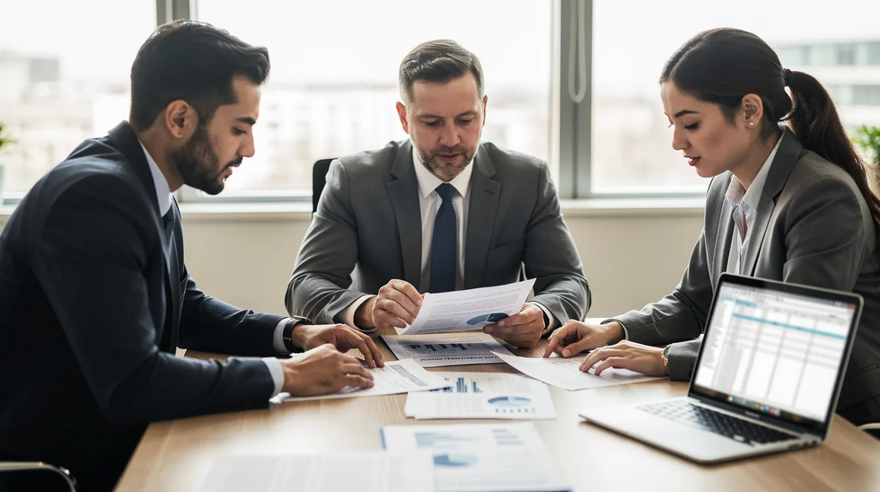 The image shows a group of professionals gathered around a desk, intently reviewing paperwork related to a workers compensation case. They appear focused on discussing details that may include aspects of a workers comp settlement or future medical costs.