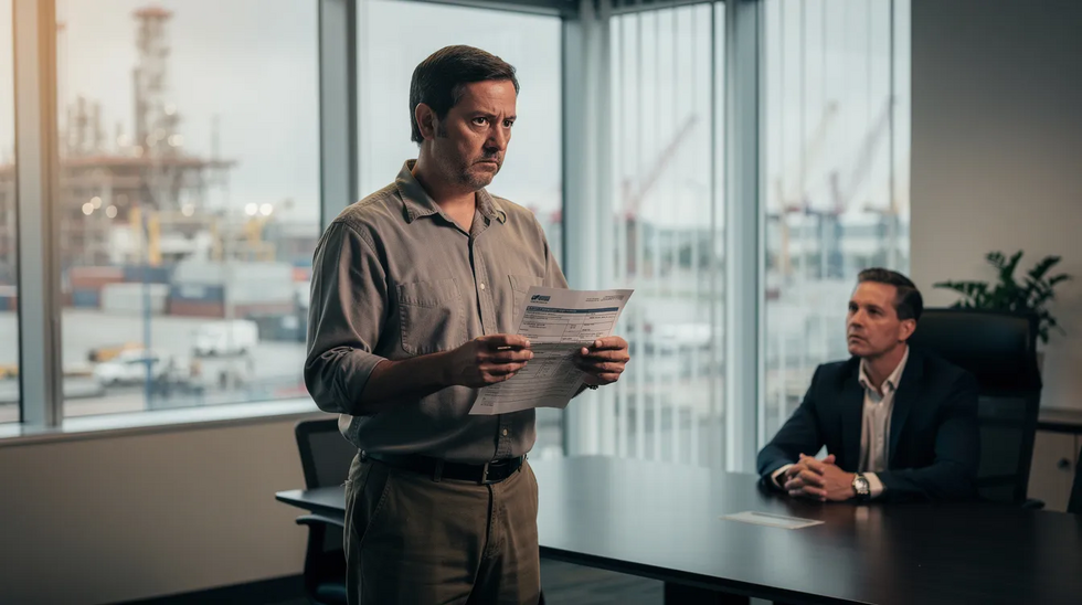 The image features a concerned office worker in a professional setting, holding a workplace injury report while facing a serious meeting with an employer or HR representative. The atmosphere reflects the tension of workplace retaliation, emphasizing the worker's determination to uphold their rights under Louisiana law regarding workers’ compensation claims.