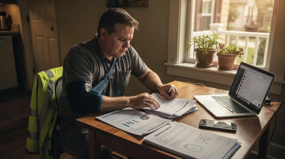 A recently terminated worker sits at a kitchen table, surrounded by important documents like a termination letter, medical paperwork, and a laptop, conveying a sense of stress and urgency. Subtle workplace injury elements, such as a medical sling and work boots, emphasize the context of a workers' compensation claim in Louisiana, highlighting the need for legal guidance and support in navigating wrongful termination and employer negligence.