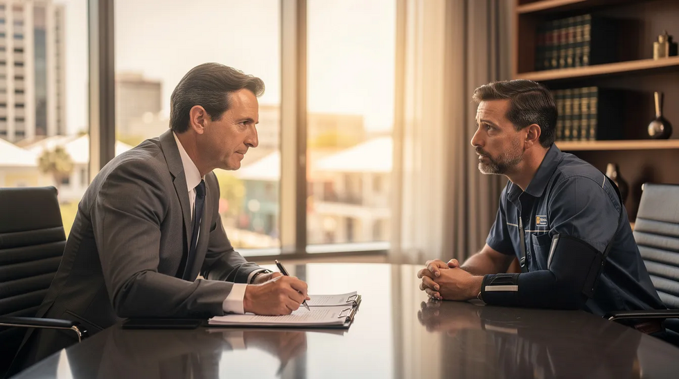 In a modern law office in Louisiana, a compassionate attorney attentively listens to an injured worker, who shows subtle signs of injury with a wrist brace. The warm natural lighting and supportive atmosphere convey hope and legal guidance, emphasizing the importance of pursuing workers' compensation benefits after workplace retaliation or wrongful termination.