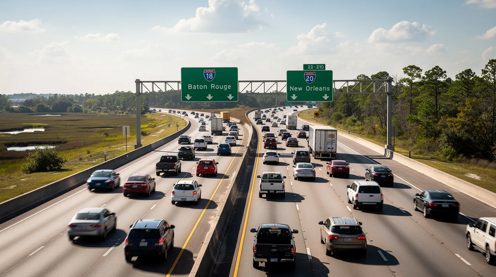 The image depicts a busy Louisiana highway filled with various vehicles during daytime traffic, illustrating the potential for car accidents involving uninsured or underinsured drivers. This scene highlights the importance of having adequate uninsured motorist coverage and liability insurance to protect against medical bills and other expenses in the event of an auto accident.