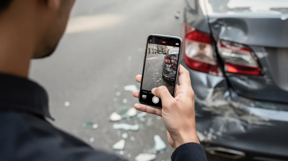 The image depicts a person capturing a photograph of vehicle damage using their smartphone after a car accident. This action is important for documenting the collision, which can aid in personal injury claims and ensure proper coverage under uninsured motorist policies.