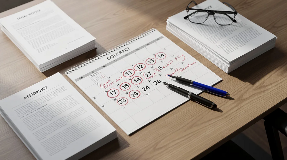 The image shows a desk with a calendar featuring marked dates alongside various legal documents, symbolizing the legal process involved in personal injury cases such as car accidents. This setup suggests a focus on issues like uninsured motorist coverage and the preparation needed to recover compensation for medical bills and other expenses.