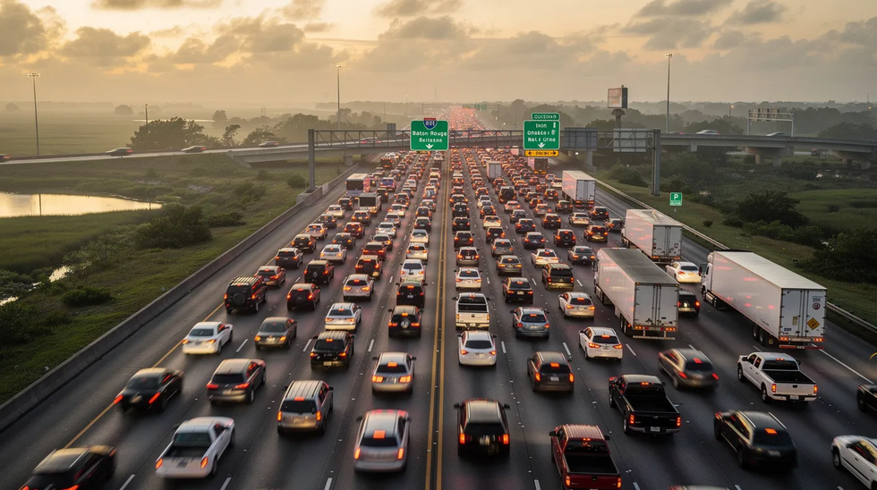 The image depicts heavy traffic on a Louisiana interstate highway during rush hour, with numerous vehicles lined up and moving slowly. This scene highlights the potential for car accidents, emphasizing the importance of personal injury lawyers in assisting Louisiana car accident victims with their claims and recovery.