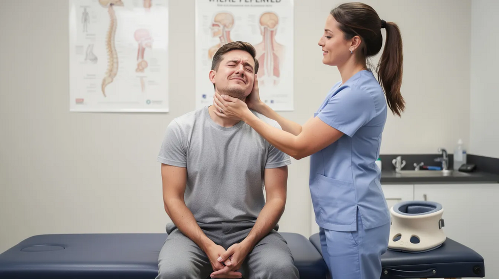 The image depicts a person undergoing physical therapy, focusing on their neck, as they recover from neck pain caused by a car accident. This scene highlights the importance of medical care for injury victims and the role of personal injury attorneys in helping clients navigate their claims for compensation in Louisiana.
