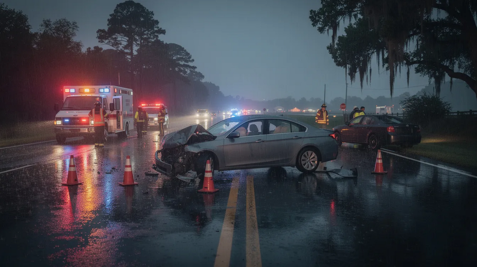 The image depicts a car accident scene on a wet road in Louisiana, with emergency lights flashing and police officers investigating the crash. This scene highlights the serious nature of car accidents and the importance of legal assistance from Louisiana car accident lawyers for victims seeking to recover compensation for injuries and damages.