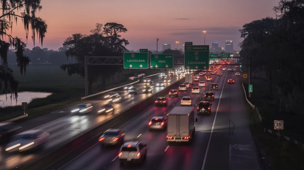 The image depicts a busy Louisiana interstate highway at dusk, with vehicles traveling in both directions under a fading sky. This scene may evoke thoughts of personal injury claims and the importance of seeking legal representation from a skilled wrongful death attorney in case of a fatal car accident.