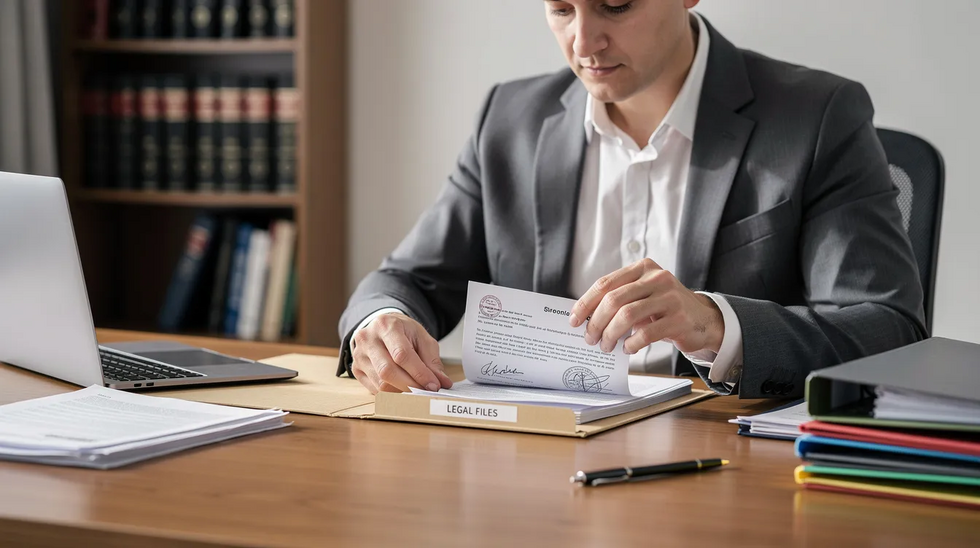 The image depicts a person carefully organizing legal documents related to a wrongful death claim in a folder, highlighting the importance of navigating the legal process after a fatal accident. This meticulous arrangement signifies the need for legal professionals to assist surviving family members in seeking fair compensation for their losses.