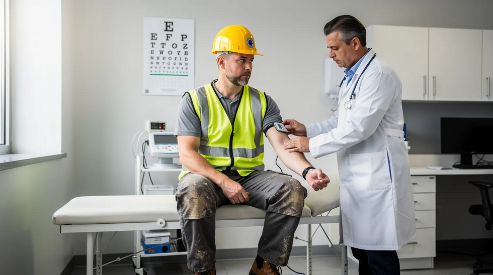 The image shows a worker wearing a hard hat being examined by a doctor in a clinic setting, highlighting the importance of medical treatment for workplace injuries. This scene reflects the process involved in filing a workers compensation claim, ensuring injured workers receive the necessary medical care and support for their recovery.