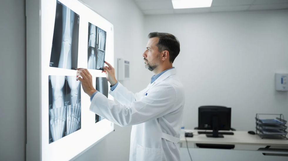 The image shows a doctor intently reviewing X-ray images on a lightbox within a medical office, highlighting the importance of medical treatment for workplace injuries. This setting is crucial for assessing conditions related to workers compensation claims in Louisiana, ensuring injured workers receive the appropriate medical benefits and guidance for their recovery.