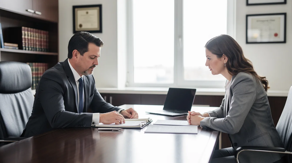 An attorney and a client are seated at a desk in a professional office, reviewing documents related to a workers compensation claim. The scene reflects a serious discussion about the client's workplace injury and the potential for receiving Louisiana workers compensation benefits.