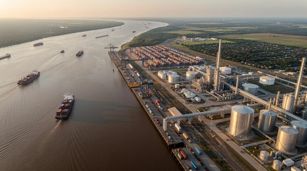 An aerial view of the Louisiana industrial waterfront along the Mississippi River showcases bustling port facilities and ships, highlighting the region's significance for trade and commerce. This scene reflects the work environment where injured workers may navigate workers compensation claims and seek benefits under Louisiana workers compensation law.