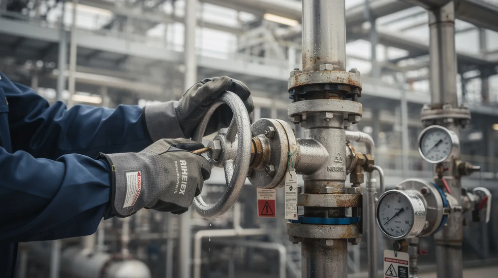 The image shows a close-up of an industrial worker's gloved hands operating chemical piping and valves in a refinery, highlighting the physically demanding job duties that can lead to workplace injuries. These conditions may require medical treatment and could potentially result in a workers compensation claim under Louisiana workers compensation law.