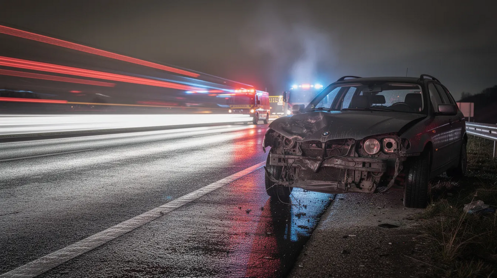 The image depicts a damaged vehicle on the shoulder of a busy highway, with emergency lights flashing in the background, indicating that a car accident has occurred. This scene highlights the seriousness of car accidents and the importance of seeking compensation for personal injury claims and medical treatment under Louisiana law.