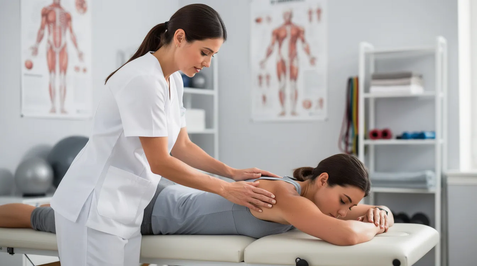 The image shows a person receiving physical therapy treatment for their back and shoulder in a clinical setting, highlighting the importance of medical care for those suffering from serious injuries due to accidents. This treatment is essential for individuals seeking compensation through personal injury claims or workers compensation claims after a work-related auto accident.