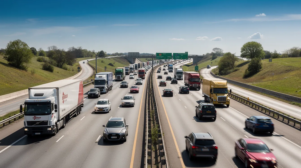 The image shows a busy multi-lane interstate highway filled with commercial trucks and cars driving together, illustrating the common scene where personal injury claims may arise from car accidents. Such accidents can lead to serious injuries, prompting injured individuals to seek compensation for medical bills and lost income under Louisiana law.