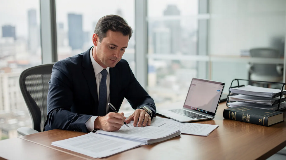 A professional male attorney is seated at a modern office desk, meticulously reviewing legal documents related to personal injury claims, possibly involving car accidents or work-related auto accidents. The setting reflects a focus on ensuring clients receive fair compensation for medical bills and lost income due to serious injuries.