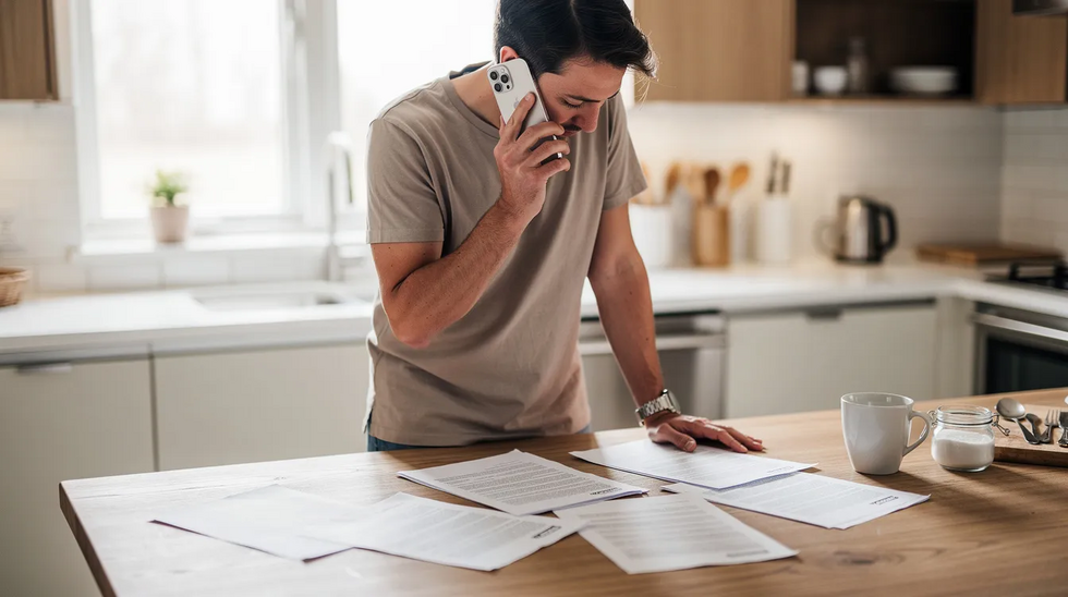 The image shows a person making a phone call while reviewing documents on a kitchen table, likely related to a personal injury claim or a work-related auto accident. The individual appears focused, possibly discussing medical bills or seeking compensation for lost income with their attorney.