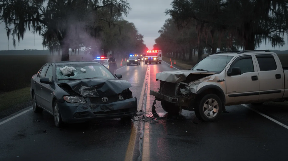 The image depicts two damaged vehicles on a Louisiana road following a car accident, with emergency lights flashing in the background. The scene captures the aftermath of the collision, highlighting the need for police reports and insurance claims as the involved parties assess the damages and injuries.