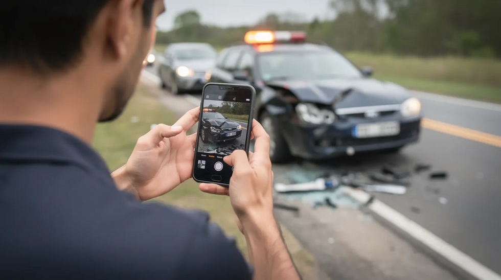 The image shows a person standing at the scene of a car accident in Louisiana, using their smartphone to capture photographs of vehicle damage and debris. This documentation may be crucial for insurance claims, determining fault, and supporting personal injury cases related to the crash.