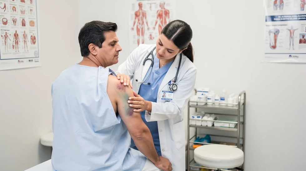 The image shows a medical professional attentively examining a patient's shoulder in a clinical environment, likely assessing injuries sustained from a car accident. This interaction emphasizes the importance of medical treatment following an automobile injury, which may be crucial for personal injury claims and determining fault in Louisiana's comparative fault system.