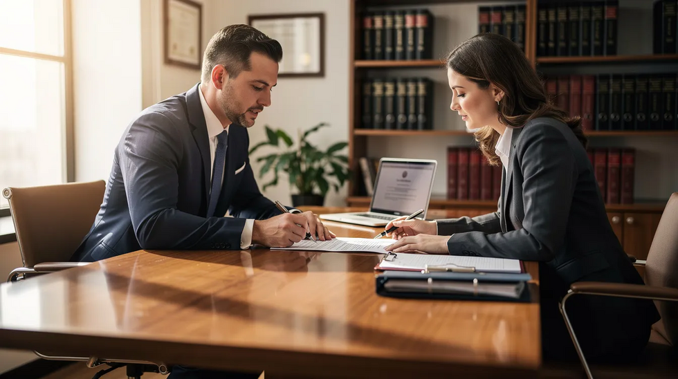 The image depicts a professional attorney seated at a desk in a well-lit office, collaborating with a client as they review documents related to a personal injury claim, possibly involving a car accident in Louisiana. The atmosphere suggests a focus on determining liability and preparing for discussions with insurance companies regarding medical bills and lost wages.