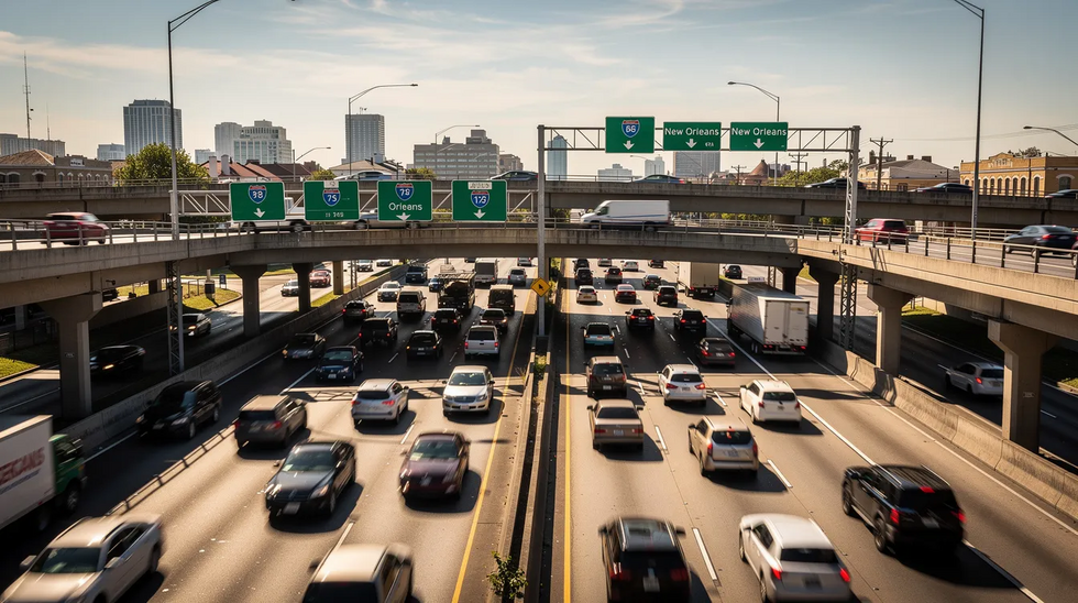 The image depicts a bustling multi-lane highway intersection in New Orleans, filled with various vehicles and overpasses. This busy scene highlights the potential for car accidents, where injured passengers may need to seek legal support to recover compensation for medical expenses and other damages.