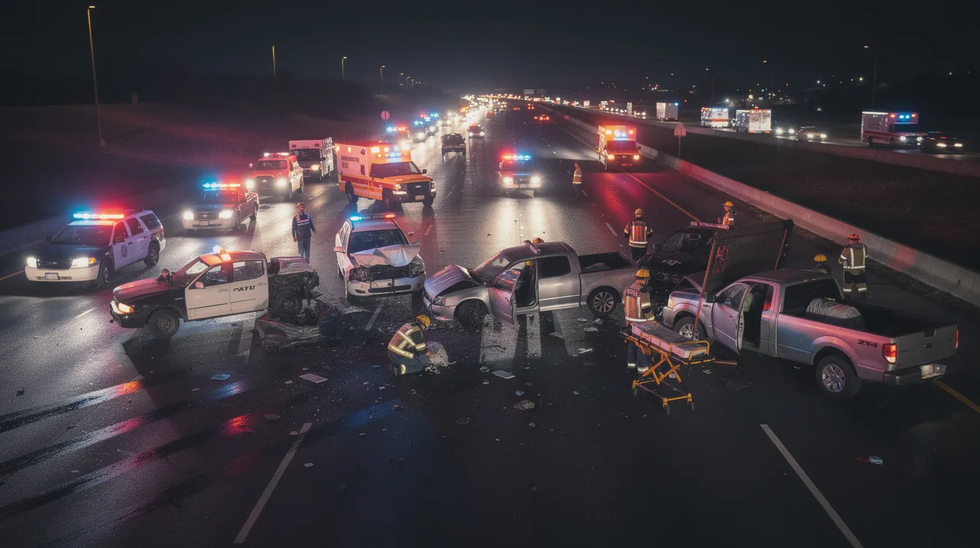 The image depicts a multi-vehicle collision scene on a highway, with emergency lights flashing and several damaged cars involved in the crash. This situation highlights the potential for injured passengers to seek legal support and recover compensation for medical expenses and pain and suffering from the at-fault driver.