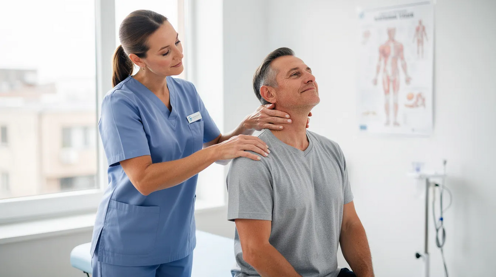 The image shows a patient receiving physical therapy treatment focused on their neck and shoulder, highlighting the care needed for injuries often sustained in a car accident. This therapy is essential for injured passengers to recover from serious injuries and manage pain, especially when seeking compensation from an at-fault driver or their insurance company.