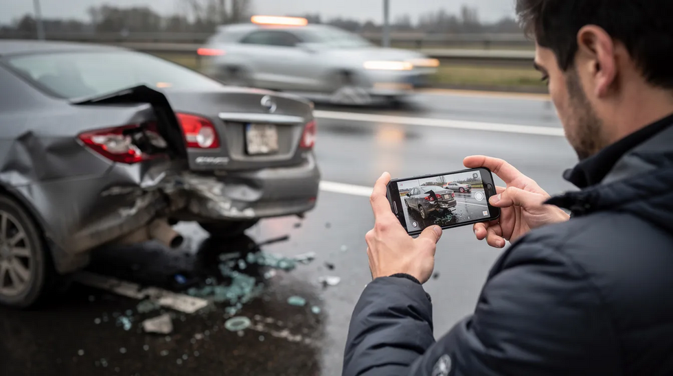 The image shows a person standing beside a damaged vehicle at a roadside accident scene, using a smartphone to photograph the vehicle's damage. This documentation may be crucial for car accident claims against the at-fault driver and their insurance company, as it helps injured passengers recover compensation for medical expenses and other losses.