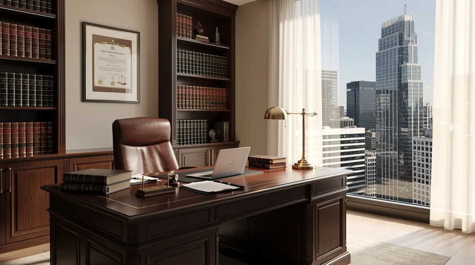 The image depicts a professional attorney's office featuring a neatly organized desk, shelves filled with legal books, and a large window that offers a view of a city skyline. This setting suggests a space where clients can seek legal support for issues such as car accident claims, ensuring they understand their rights and options for recovering compensation.