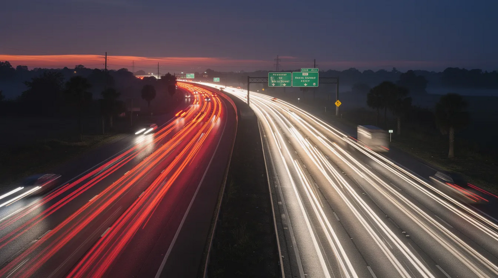 The image shows a multi-lane Louisiana highway at dusk, with streaks of headlights and taillights illuminating the traffic, highlighting the busy nature of the road where car accidents can occur. This scene reflects the potential dangers of reckless driving and the importance of seeking legal guidance from a car accident lawyer in Louisiana for those affected by auto accidents.