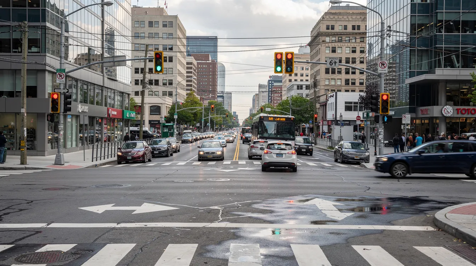 The image depicts a busy urban intersection filled with cars approaching from various directions, with traffic lights controlling the flow. This scene highlights the potential for car accidents, emphasizing the importance of personal injury law firms and accident lawyers for those affected by reckless driving or drunk driving incidents.