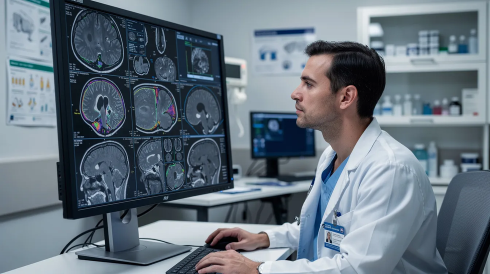 A medical professional is intently reviewing diagnostic scans on a computer screen in a hospital setting, highlighting the importance of medical treatment for injured victims, especially in cases involving personal injury claims from car accidents. The scene underscores the critical role of healthcare in addressing serious injuries and medical expenses that can arise from accidents caused by impaired drivers.