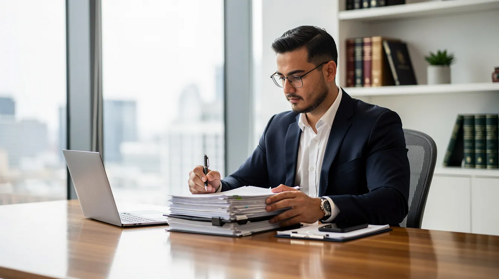 A professional attorney is seated at a modern desk in a well-lit office, intently reviewing case documents related to personal injury claims, possibly involving car accidents and drunk driving incidents. The atmosphere conveys a sense of diligence and expertise, essential for navigating the complexities of Louisiana's personal injury law.