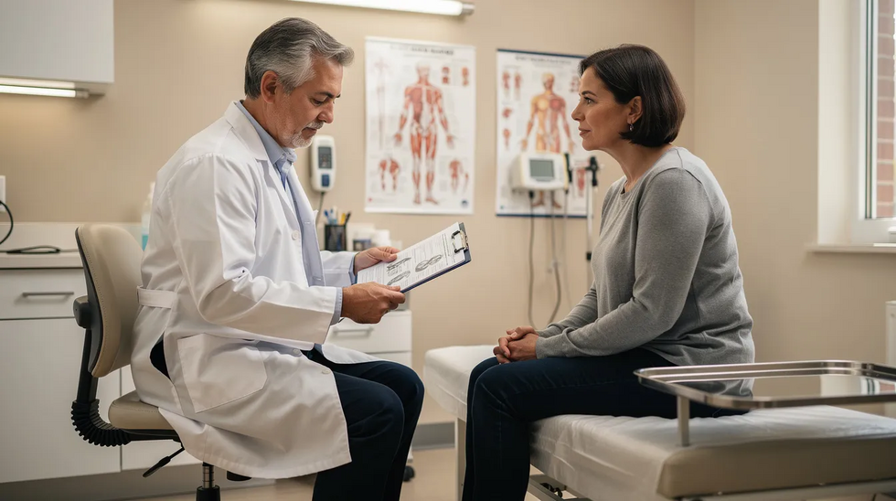 The image depicts a doctor in an examination room, attentively reviewing medical charts with a patient, who appears engaged in the discussion about their medical treatment. This setting emphasizes the importance of proper medical care, especially for injured workers navigating the workers compensation system in Louisiana.