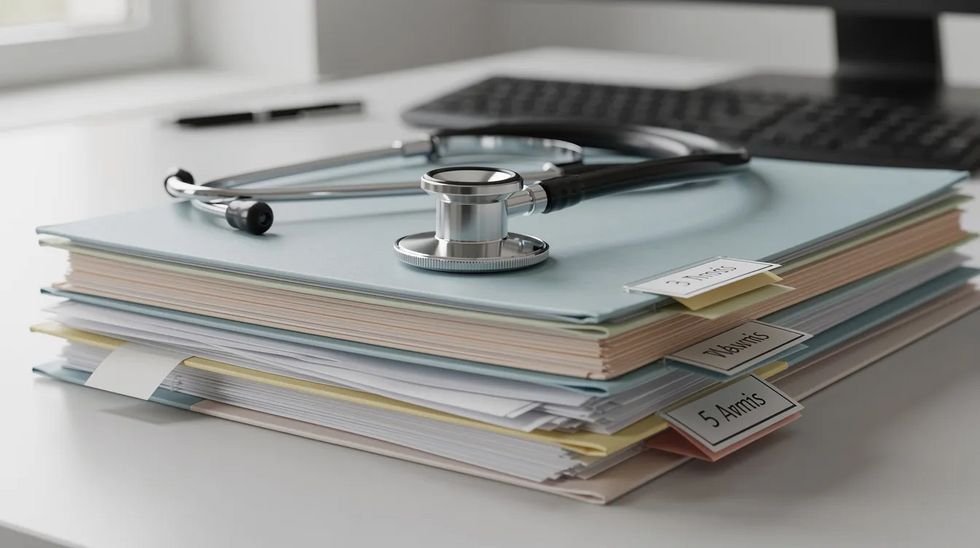 The image shows a medical stethoscope placed on a stack of patient files on an office desk, symbolizing the importance of medical care and documentation in the workers' compensation system. This setting reflects the role of treating physicians and the management of medical records for injured workers in Louisiana.